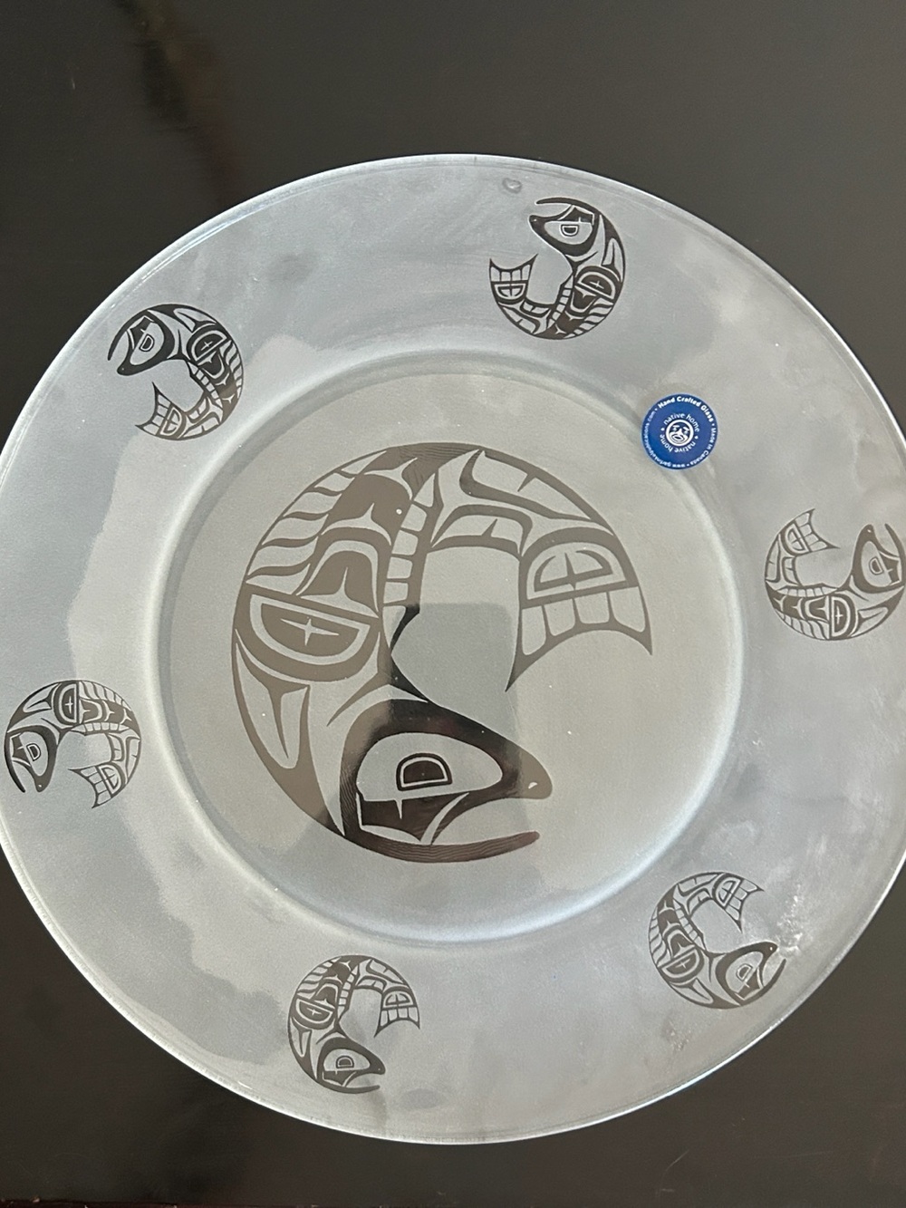 Native Canadian Art, Salmon Clear and Frosted Glass Plate with Salmon Fish